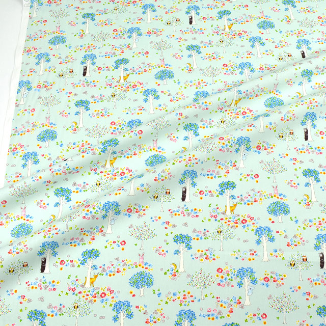 生地 キッズランド XI お花と木と動物/シーチング(SP2200) 1D.ミント 09Ae99_