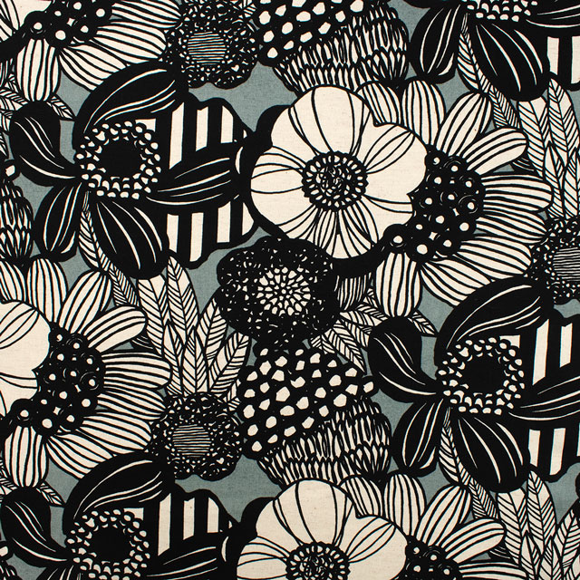 生地 綿麻キャンバスプリント アートフラワー(UP5678) J.チャコールグレー×ブラック 09Cu45_