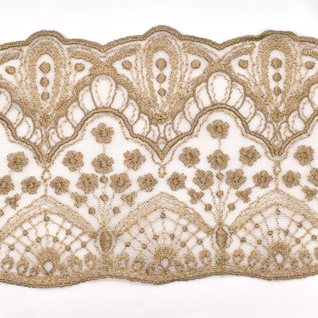 フランス製 ラメ刺繍チュールレース(3690) 1516/580.ベージュ×ゴールド 07Ac99_