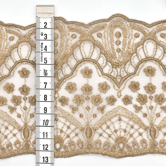 フランス製 ラメ刺繍チュールレース(3690) 1516/580.ベージュ×ゴールド 07Ac99_