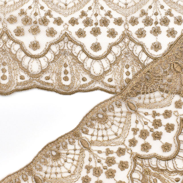 フランス製 ラメ刺繍チュールレース(3690) 1516/580.ベージュ×ゴールド 07Ac99_