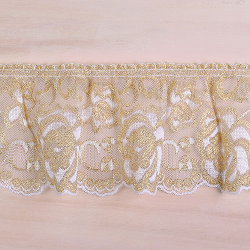 ラッセルフリルギャザーレース(4770-F) 約9cm幅 1.白×ゴールド 07Ac99_