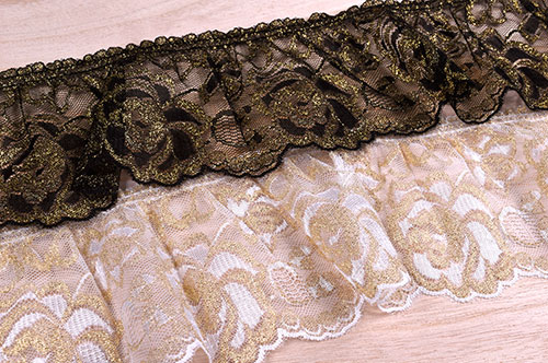 ラッセルフリルギャザーレース(4770-F) 約9cm幅 1.白×ゴールド 07Ac99_