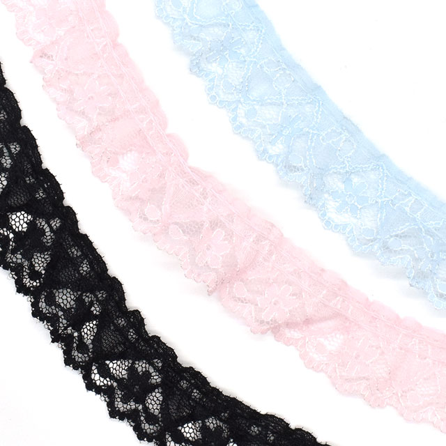 細幅ラッセルフリルギャザーレース(51362-18) 18.クロ 07Ac99_