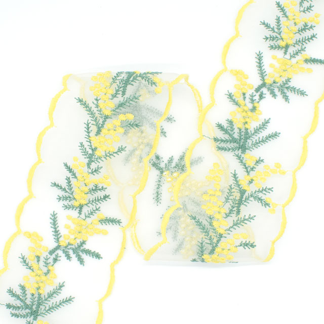 デザインレースユキ オーガンジーレース ミモザ(05770C) 長さ約1m LY.レモンイエロー×青磁 07Ac99j