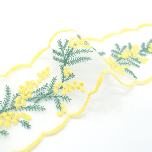 デザインレースユキ オーガンジーレース ミモザ(05770C) 長さ約1m LY.レモンイエロー×青磁 07Ac99j