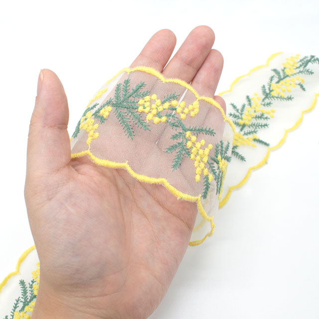 デザインレースユキ オーガンジーレース ミモザ(05770C) 長さ約1m LY.レモンイエロー×青磁 07Ac99j