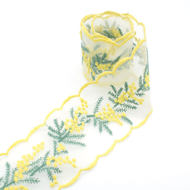 デザインレースユキ オーガンジーレース ミモザ(05770C) 長さ約1m LY.レモンイエロー×青磁 07Ac99j