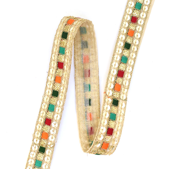 インド製刺繍リボン オリエンタルタイル(33) 1m入り 3.グリーンマルチ 07Ab99_