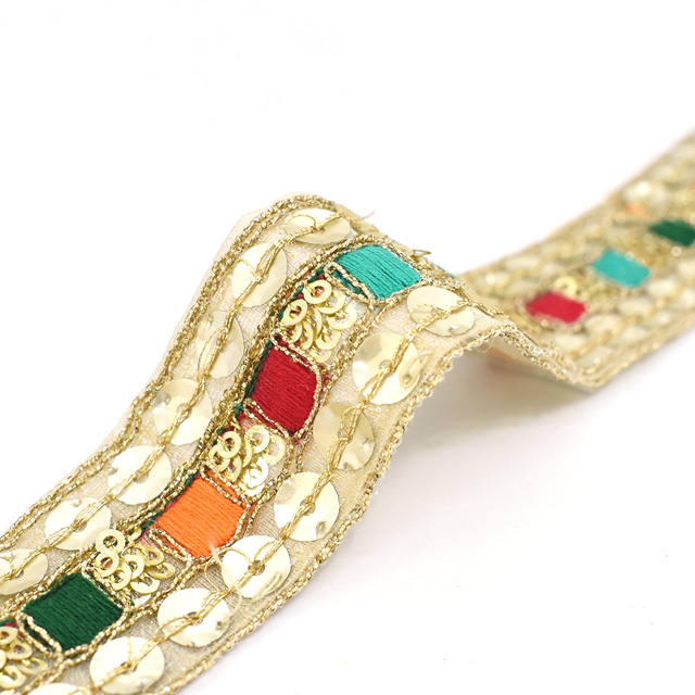 インド製刺繍リボン オリエンタルタイル(33) 1m入り 3.グリーンマルチ 07Ab99_