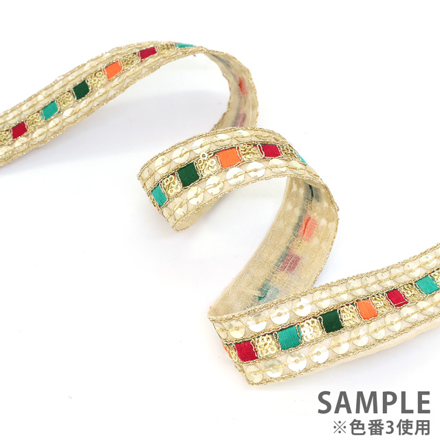 インド製刺繍リボン オリエンタルタイル(33) 1m入り 3.グリーンマルチ 07Ab99_