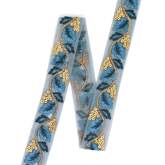 インド製刺繍リボン スパイラルリーフ(34) 1m入り 4.ブルー 07Ab99_