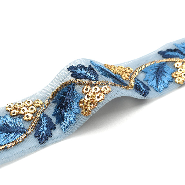 インド製刺繍リボン スパイラルリーフ(34) 1m入り 4.ブルー 07Ab99_