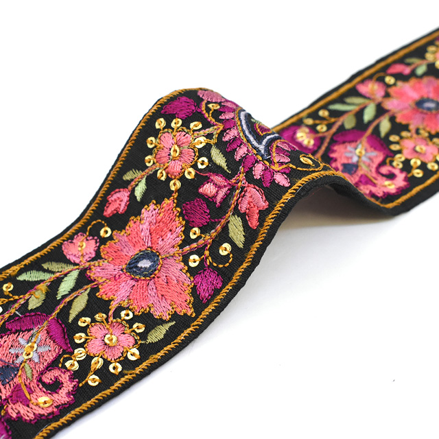 インド製刺繍リボン ブルーミングペイズリー(37) 1m入り 1.ブラック 07Ab99_