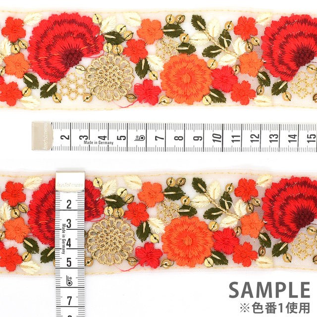 インド製刺繍リボン フラワークラリティ(39) 1m入り 1.レッド 07Ab99_