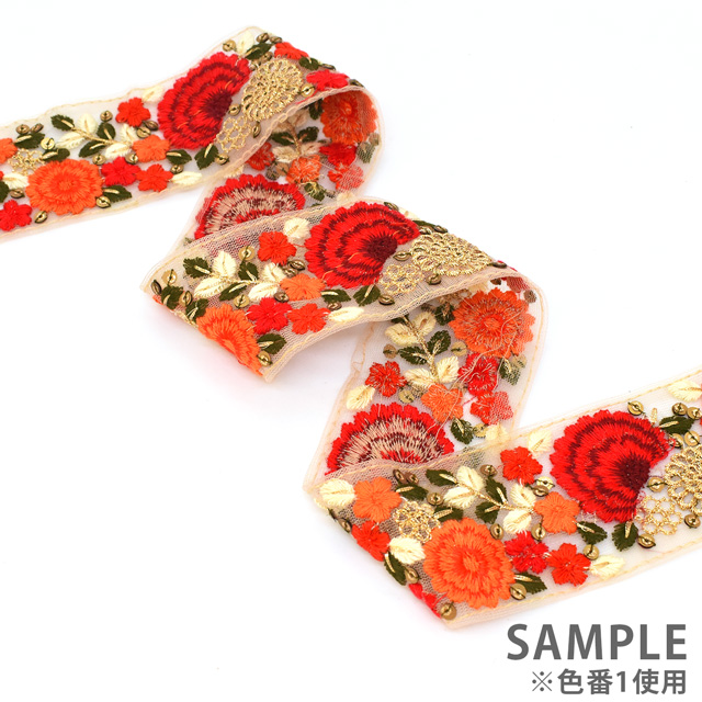 インド製刺繍リボン フラワークラリティ(39) 1m入り 1.レッド 07Ab99_