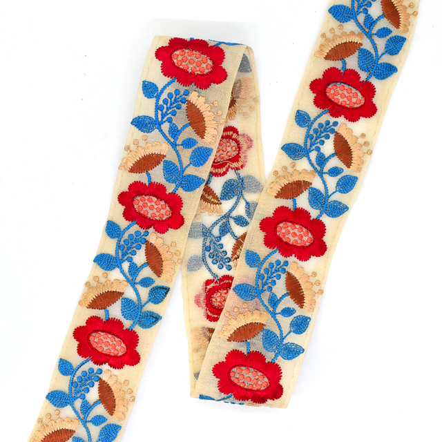 インド製刺繍リボン スタンピングフラワー(42) 1m入り 5.レッド×ブルー 07Ab99_