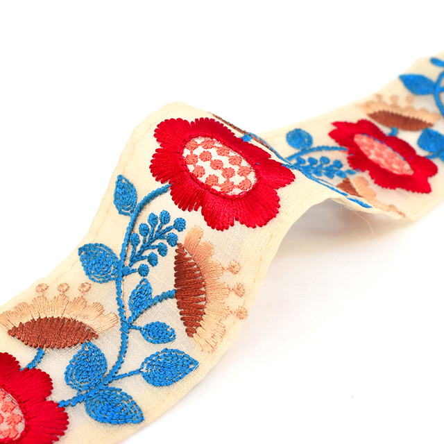 インド製刺繍リボン スタンピングフラワー(42) 1m入り 5.レッド×ブルー 07Ab99_
