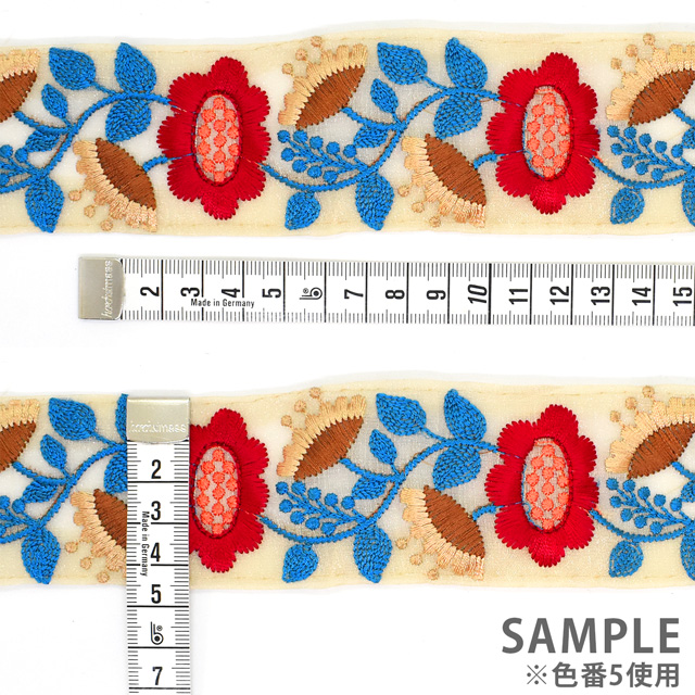 インド製刺繍リボン スタンピングフラワー(42) 1m入り 5.レッド×ブルー 07Ab99_