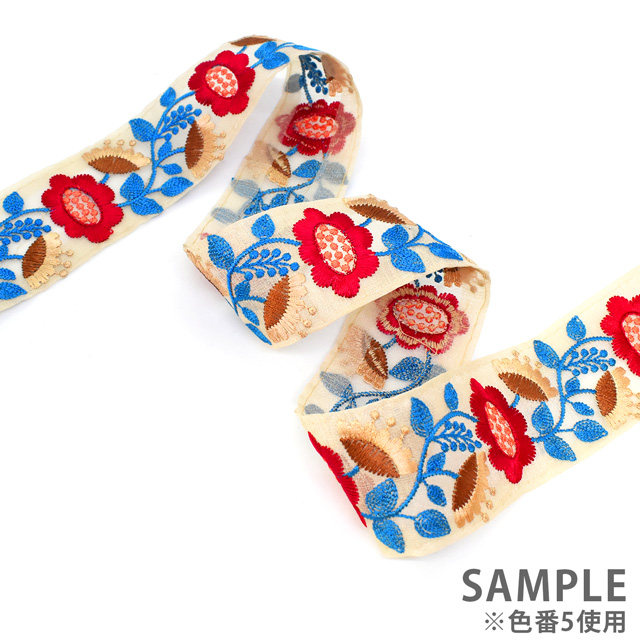 インド製刺繍リボン スタンピングフラワー(42) 1m入り 5.レッド×ブルー 07Ab99_