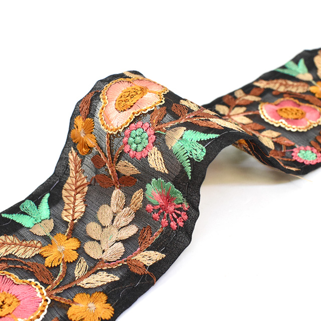 インド製刺繍リボン フラワーパーチ(43) 1m入り 1.ブラック 07Ab99_