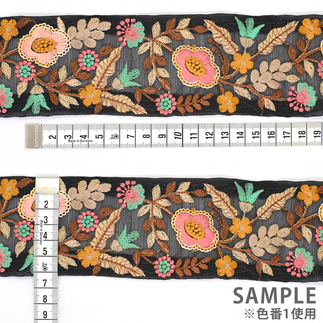 インド製刺繍リボン フラワーパーチ(43) 1m入り 1.ブラック 07Ab99_