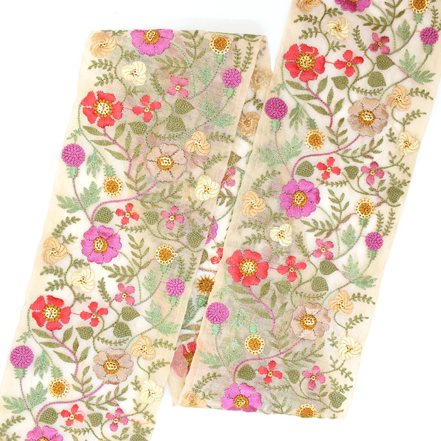 インド製刺繍リボン ワイルドフラワーL(44) 1m入り 1.アイボリー 07Ab99_