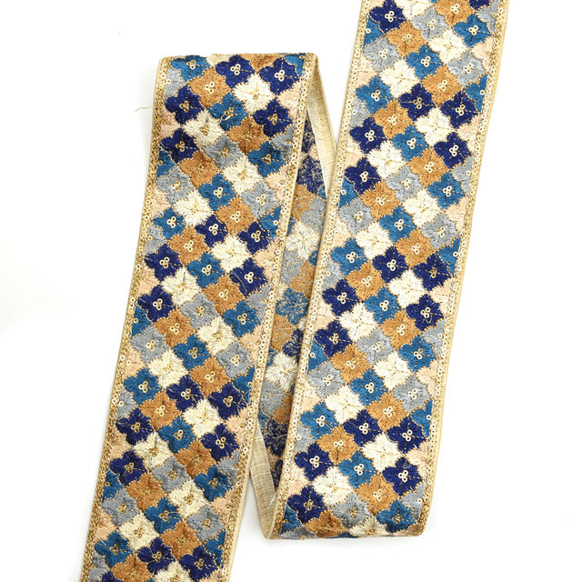 インド製刺繍リボン ダイヤフラワータイル(21) 1m入り BLUE.ブルー 99Zz99_