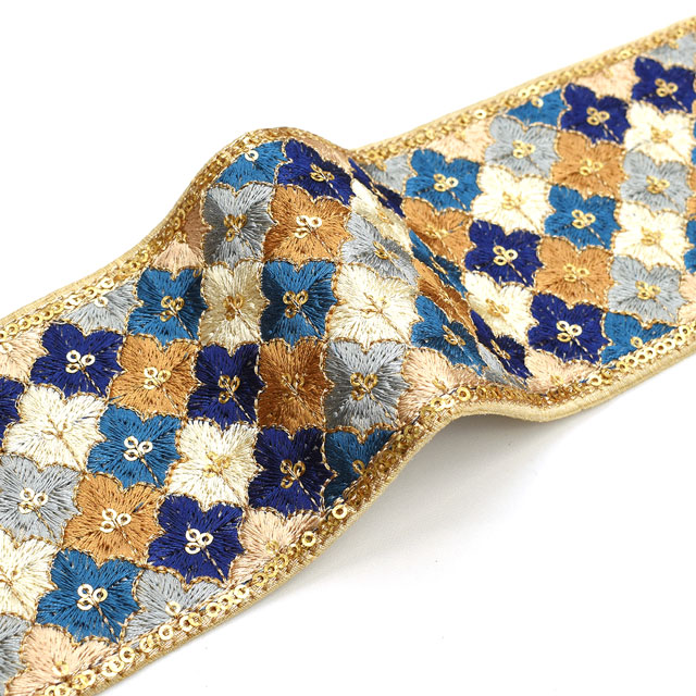 インド製刺繍リボン ダイヤフラワータイル(21) 1m入り BLUE.ブルー 99Zz99_