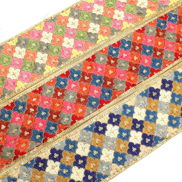 インド製刺繍リボン ダイヤフラワータイル(21) 1m入り BLUE.ブルー 99Zz99_