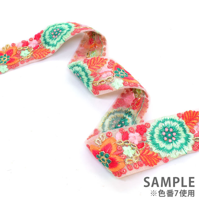 インド製刺繍リボン ビッグブルーム (08) 1m入り 10.レッド×ピンク 07Ab99_
