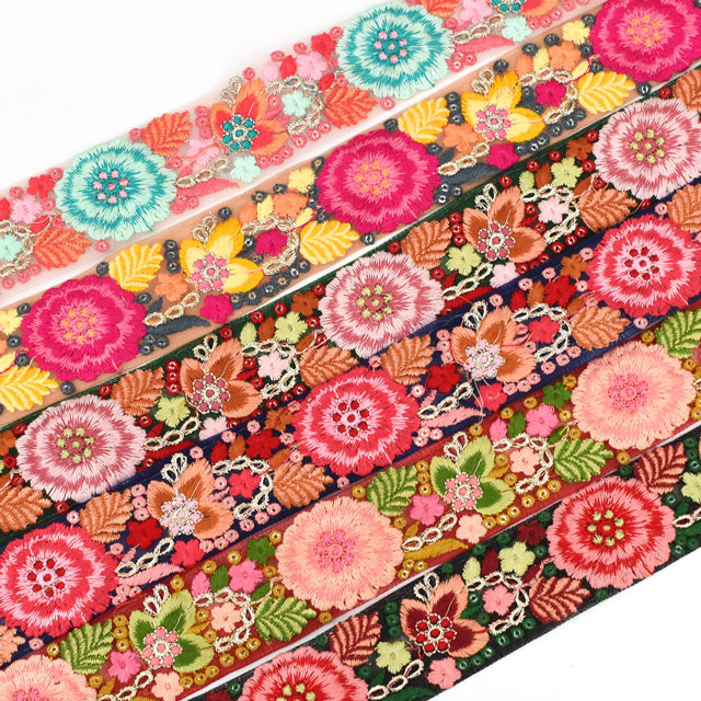 インド製刺繍リボン ビッグブルーム (08) 1m入り 10.レッド×ピンク 07Ab99_