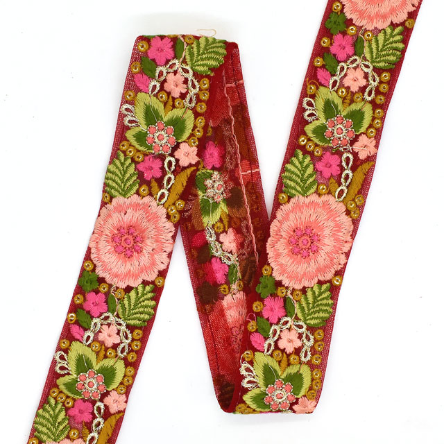 インド製刺繍リボン ビッグブルーム (08) 1m入り 10.レッド×ピンク 07Ab99_