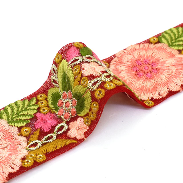 インド製刺繍リボン ビッグブルーム (08) 1m入り 10.レッド×ピンク 07Ab99_