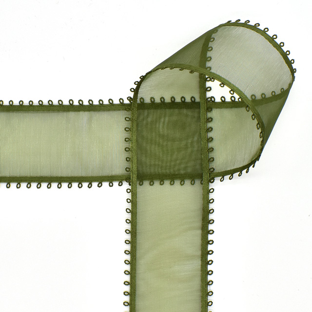 MOKUBA(木馬) ピコットオーガンジーリボン(4490) 36mm 16.オリーブグリーン 07Aa99_