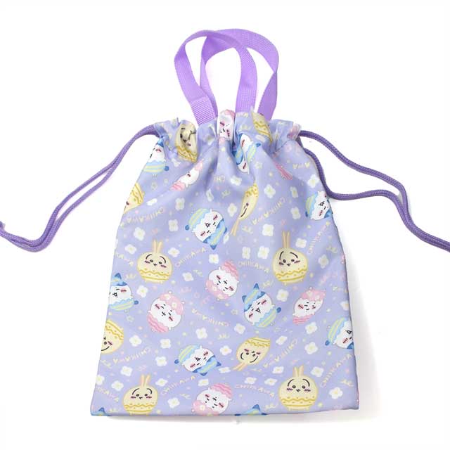 完成品 ちいかわ総柄縦型巾着(CW43724) PL.パープル 15Yy88_