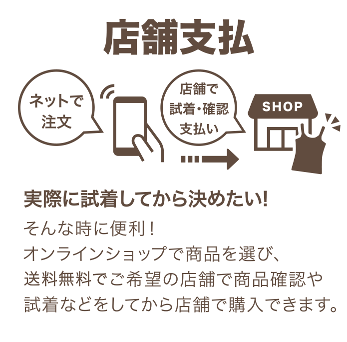 【店舗支払 対象店舗：ランジェリー店】実際に試着してから決めたい！そんな時に便利！オンラインショップで商品を選び、送料無料でご希望の店舗で商品確認や試着などをしてから店舗で購入できます。※アプリ経由でなくても公式オンラインショップで検索はできます。